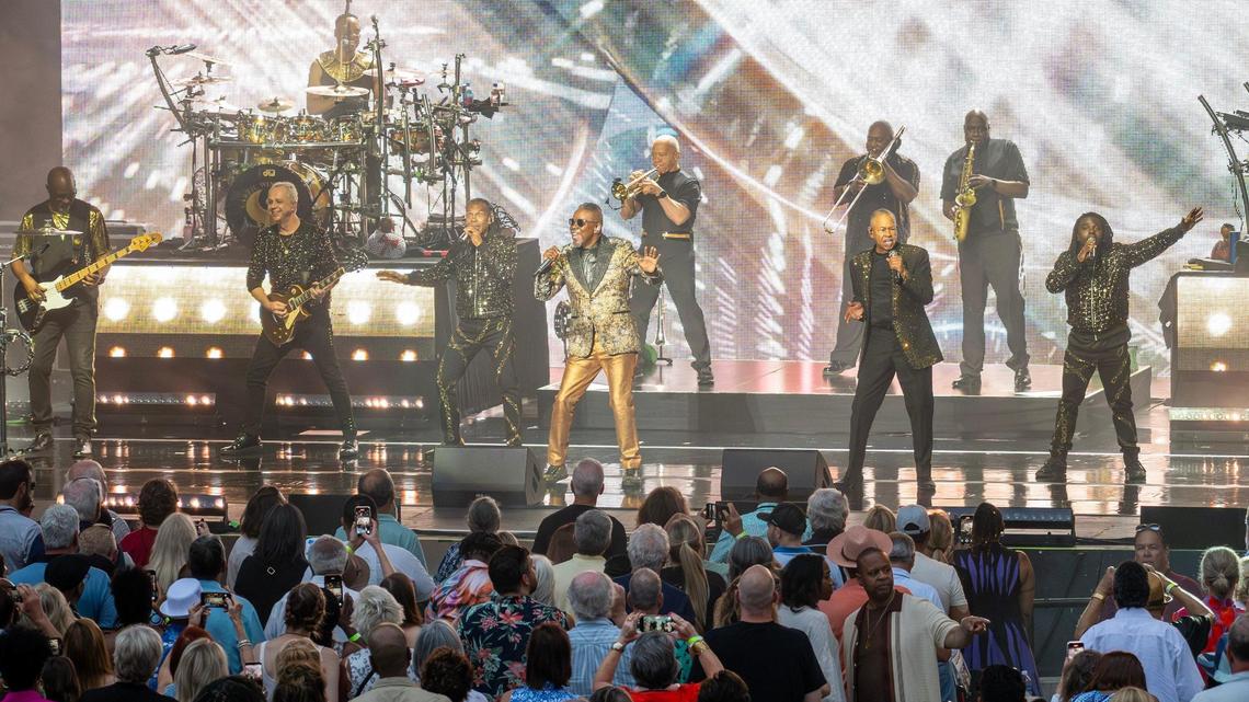 Earth, Wind & Fire open their set with “Shining Star” during their concert at Starlight Theatre on Friday, July 18, 2025, in Kansas City.