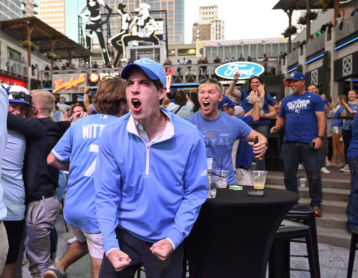 Connor FitzGerald, Kansas City, celebrates after the Royals defeated the Baltimore Orioles in Game 2 of the AL Wild Card playoffs. FitzGerald following the game at a watch party at KC Live! at the Power and Light District on Wednesday, Oct. 2, 2024. The Royals will advance to play the New York Yankees in the ALDS.