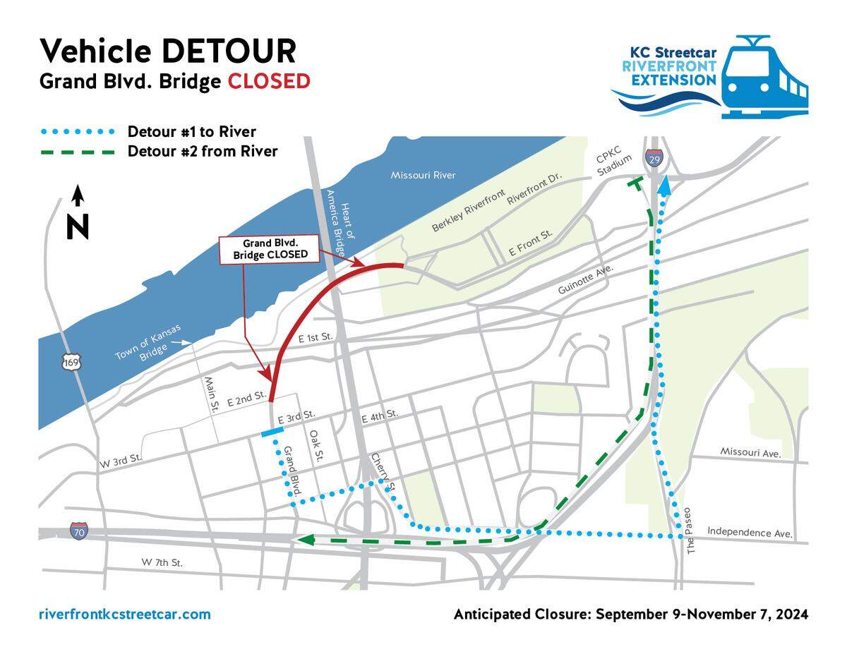 This map shows the road closure and detour routes for vehicle travel between the River Market and Berkley Riverfront during the two-month Grand Boulevard Bridge closure this fall.