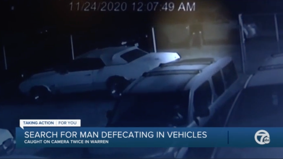 Police are searching for a man they say has been pooping in cars at auto repair shops in Warren, Michigan.