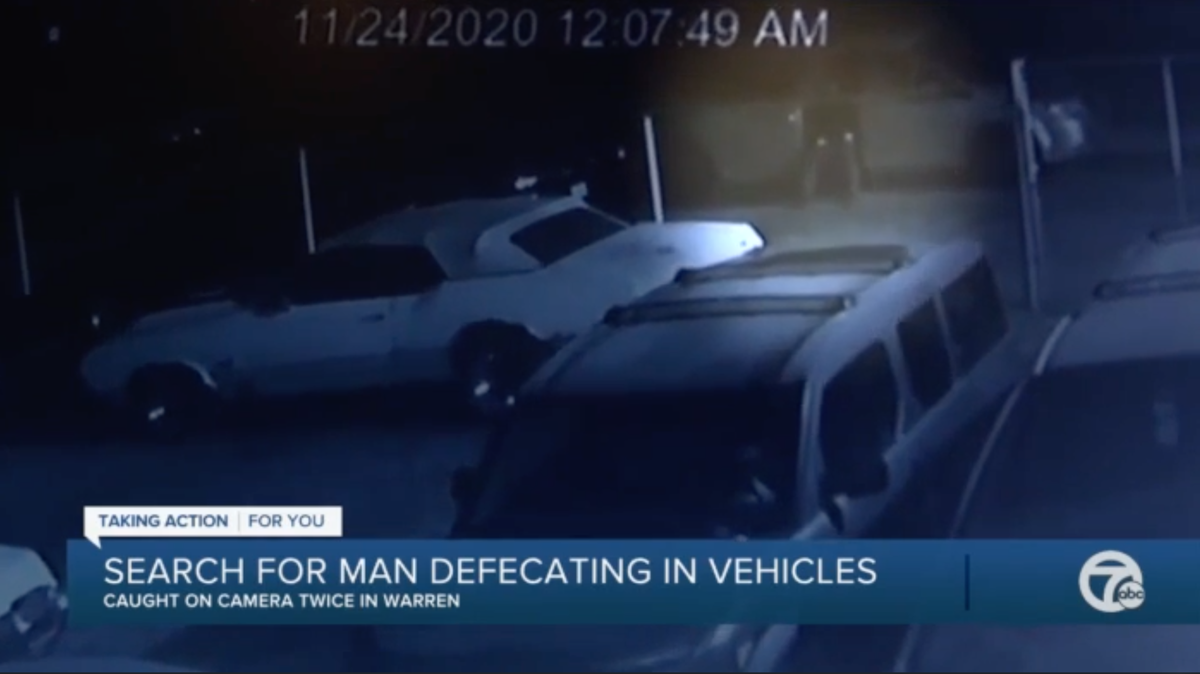 Police are searching for a man they say has been pooping in cars at auto repair shops in Warren, Michigan.