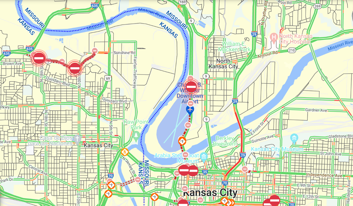 Delays and closures are seen on this traffic map from the Kansas Department of Transportation on Thursday, Oct. 26, 2023.