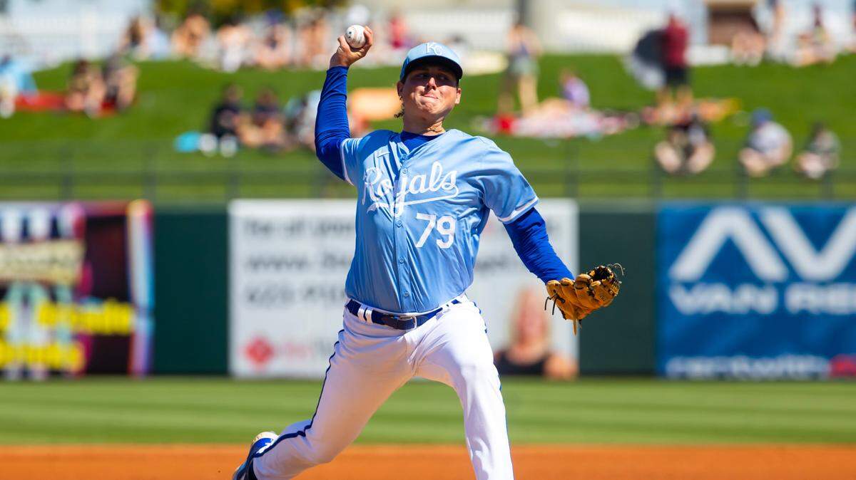 Kansas City Royals pitcher Andrew Hoffmann throws against the Chicago White Sox during a spring training baseball game at Surprise Stadium on Mar 21, 2024 in Surprise, Arizona.