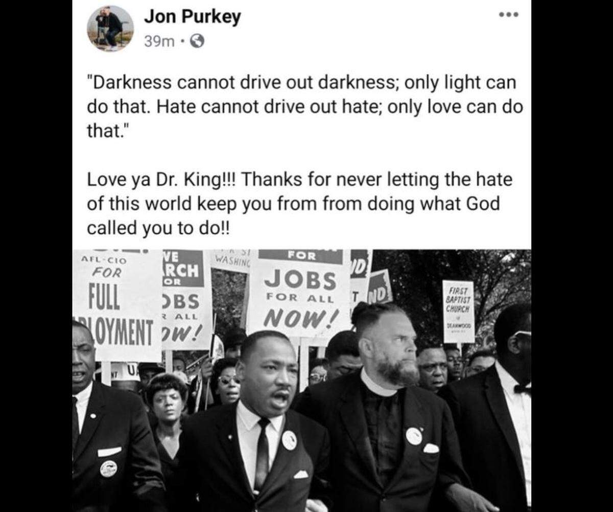 Jon Purkey, pastor of Nexus Church in Lenexa, was criticized after editing his own face into a photo of the Rev. Martin Luther King Jr. to appear as if he marched alongside the civil rights leader. 