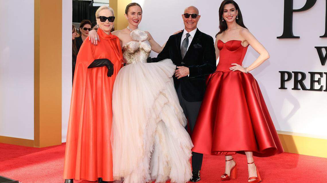 From left, Meryl Streep, Emily Blunt, Stanley Tucci and Anne Hathaway attend "The Devil Wears Prada 2" New York premiere on April 20, 2026, in New York City.