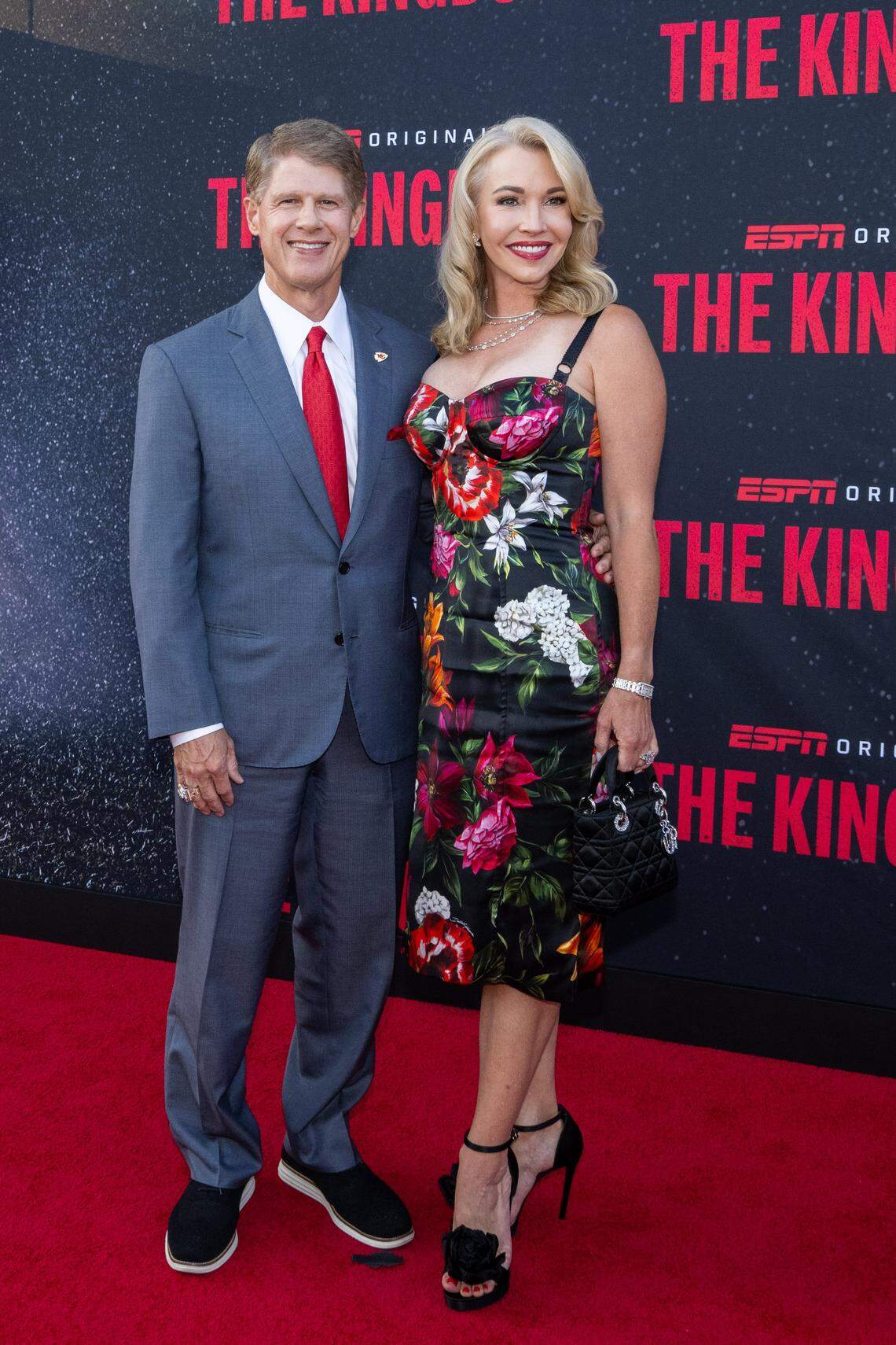Kansas City Chiefs CEO and Chairman Clark Hunt with wife, Tavia, on the red carpet before the special screening of the ESPN six-part series ‘The Kingdom,’ on Sunday, Aug. 24, 2025, in Kansas City.