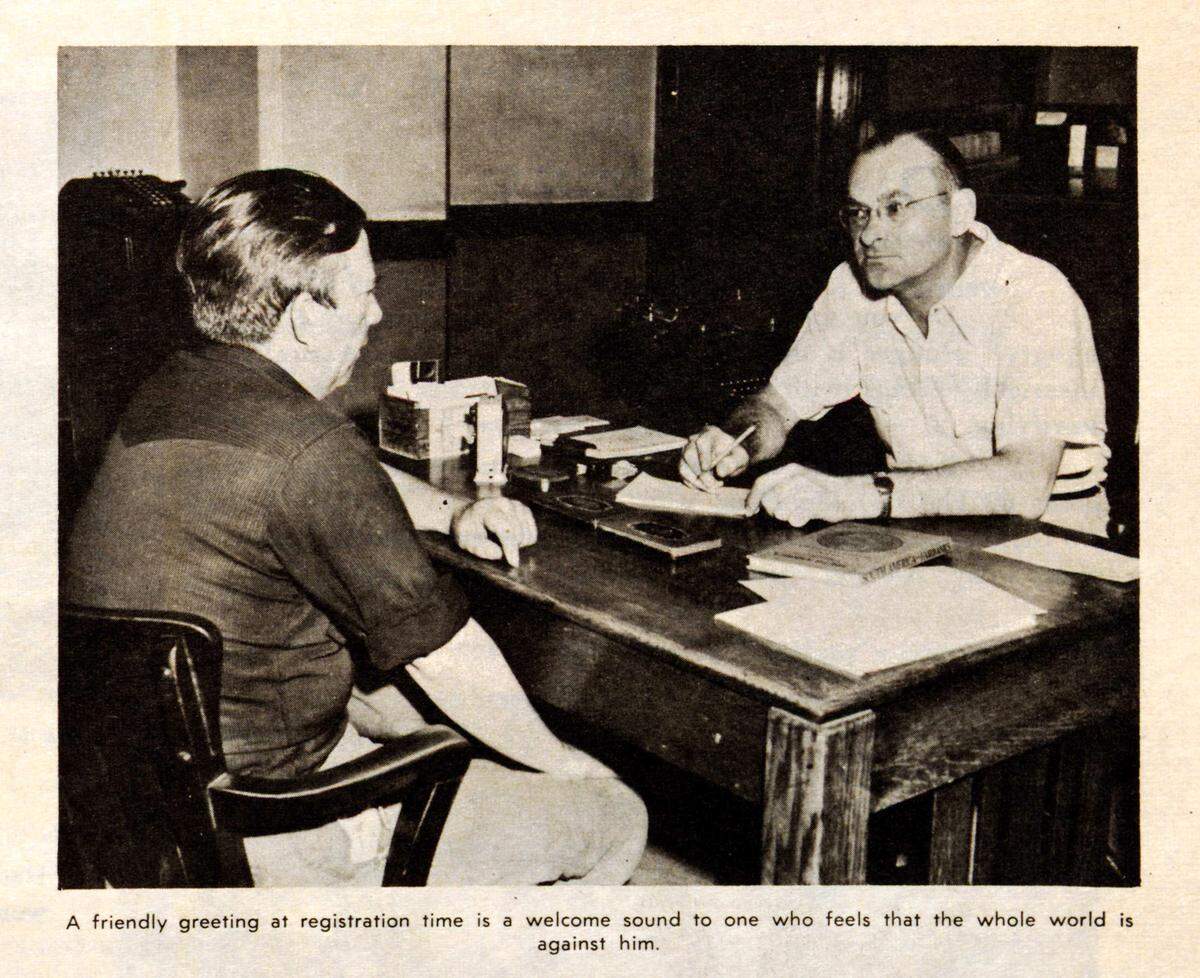 A Helping Hand Institute worker does intake in 1952.