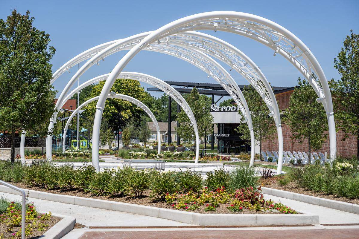 A view of the landscaping and structural arches at the Green Street development is seen on Tuesday, Aug. 5, 2025, in Lee's Summit,