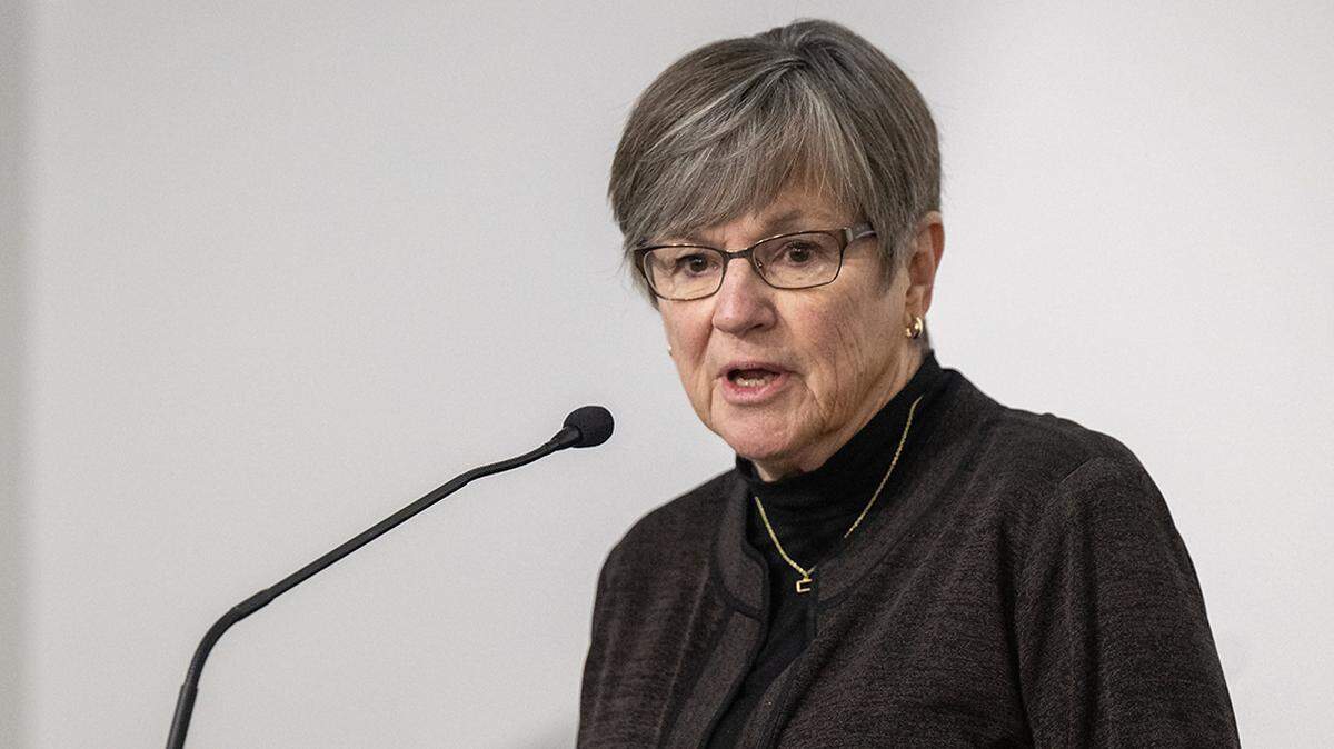 Kansas Gov. Laura Kelly addresses dignitaries during an update event at Panasonic’s $4 billion EV battery plant on Friday, Jan. 17, 2025, in De Soto, Kansas.