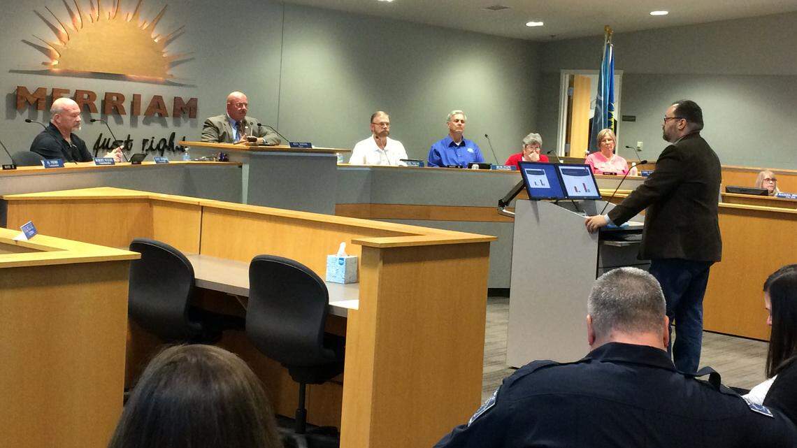 Merriam resident Brian Shapley, with Equality Kansas, speaks to the Merriam City Council in support of a proposal to prohibit discrimination based on sexual orientation or gender identity.