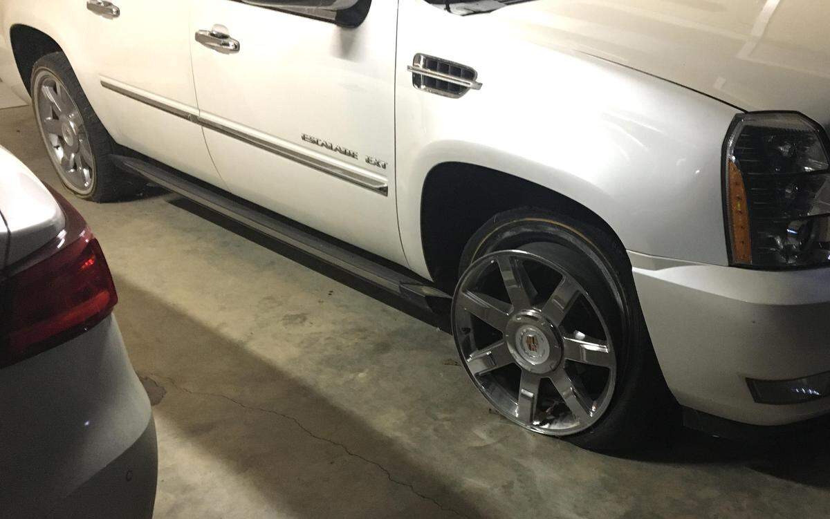 This Cadillac Escalade, purchased by Chris Jones for his father, Chris Jones Sr., isn’t going anywhere soon. The air has been let out of the tires by the Chiefs star defensive lineman so his dad can’t drive it after drinking.