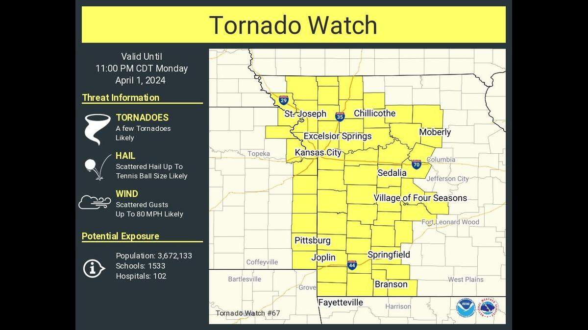 A tornado watch has been issued for parts of Kansas and Missouri until 11 p.m., according to the National Weather Service.