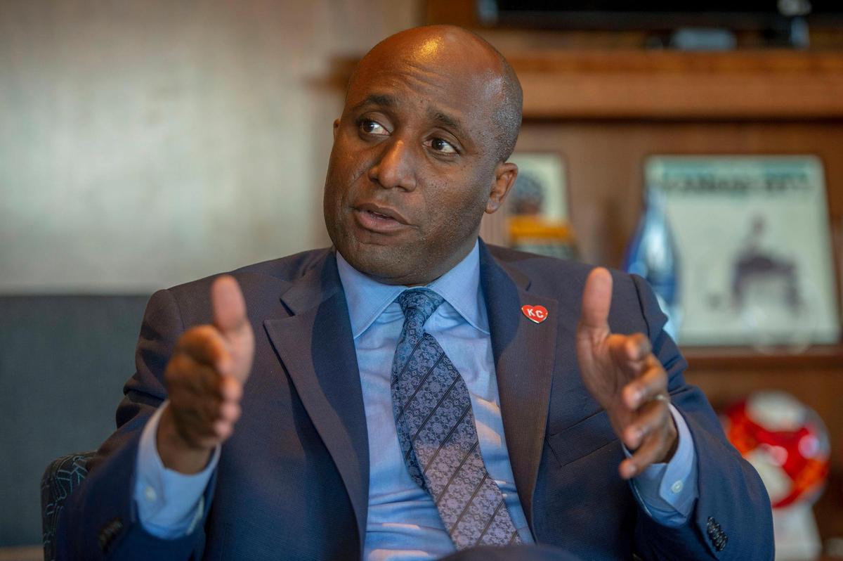 Kansas City Mayor Quinton Lucas talks about a ballot measure to determine funding of the Kansas City Police Department, Thursday, Oct. 20, 2022, in his office at City Hall.