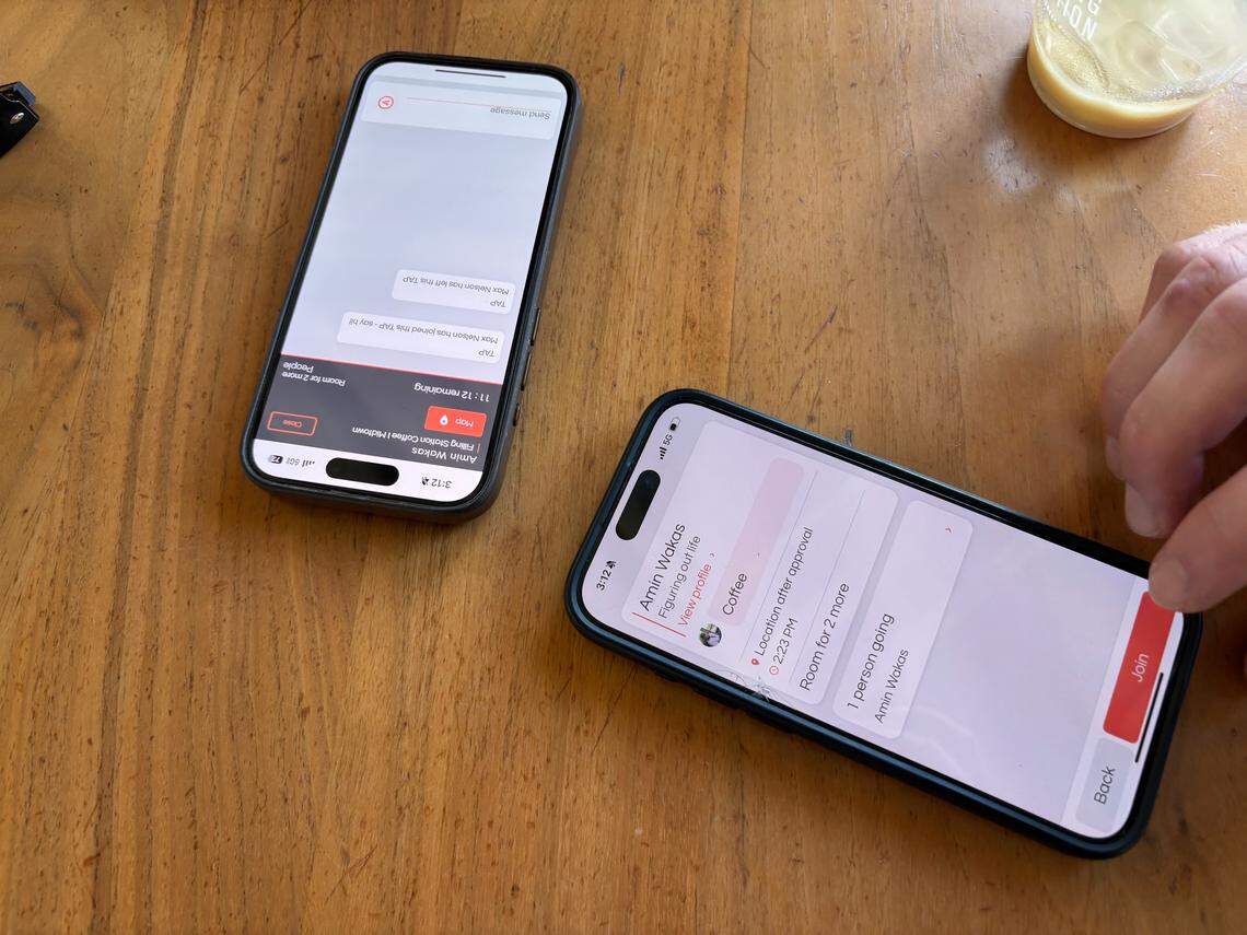 Amin Wakas and Max Nelson show how the TAP app works by showing how a user can ask to join a TAP and the chat feature.