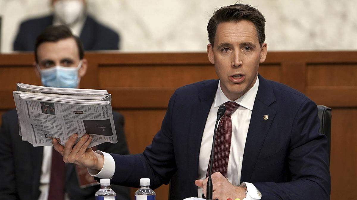 Sen. Josh Hawley, a Missouri Republican, speaks during the confirmation hearing for Supreme Court nominee Amy Coney Barrett at the Senate Judiciary Committee on Capitol Hill in Washington, Monday, Oct. 12, 2020.