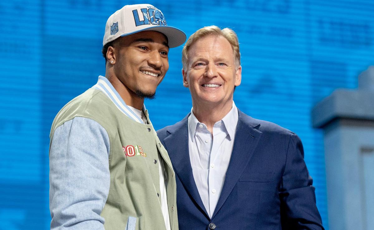 Alabama defensive back Brian Branch poses for photos with NFL commissioner Roger Goodell after being picked 45th overall by the Detroit Lions during the second round of the NFL Draft outside of Union Station on Friday, April 28, 2023, in Kansas City.