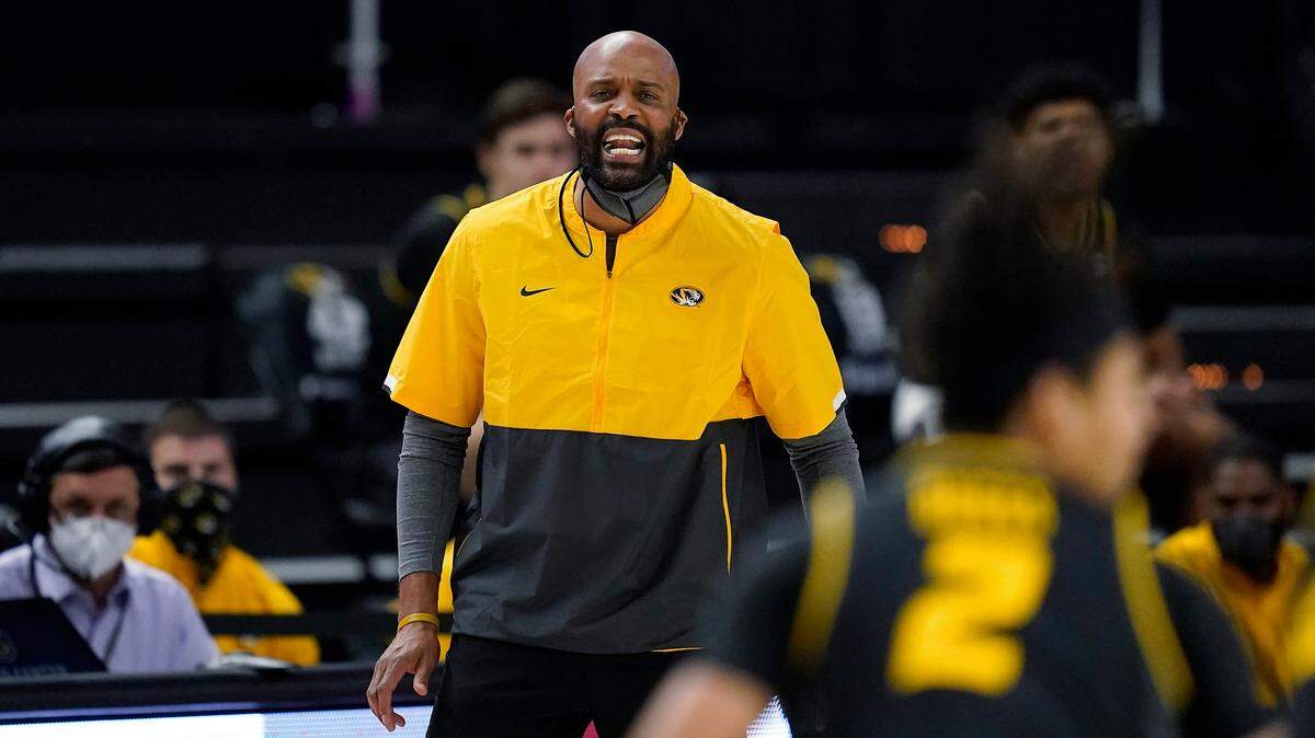 FILE - In this Jan. 16, 2021, file photo, Missouri coach Cuonzo Martin yells to the team during the second half of an NCAA college basketball game against Texas A&M in College Station, Texas. (AP Photo/Sam Craft, File)