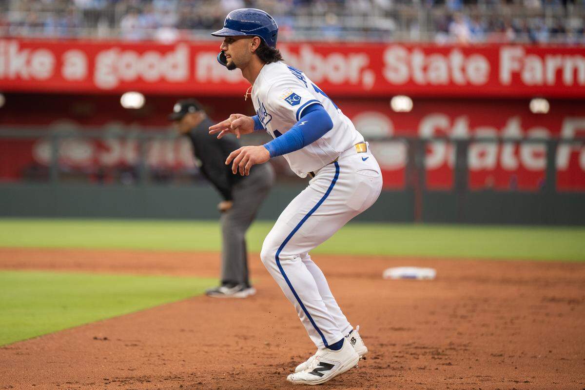 Kansas City Royals right fielder Jac Caglianone gets a lead off first base during a game against the Boston Red Sox on Wednesday, May 20, 2026, at Kauffman Stadium.