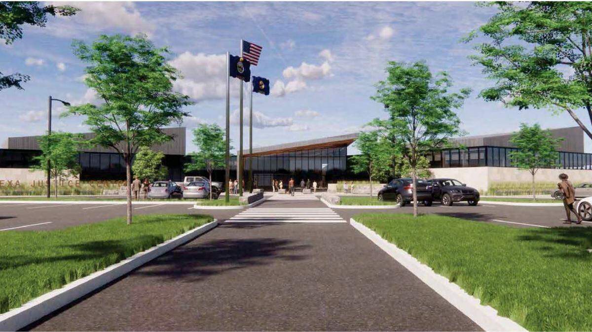 A rendering of the Lenexa Justice Center shows the front entrance, according to preliminary plans.