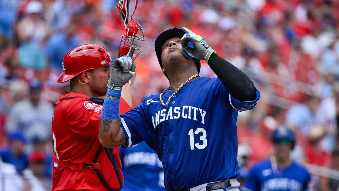 Kansas City Royals catcher Salvador Perez celebrates his home run against the St. Louis Cardinals during Game 1 of Wednesday’s doubleheader at Busch Stadium.