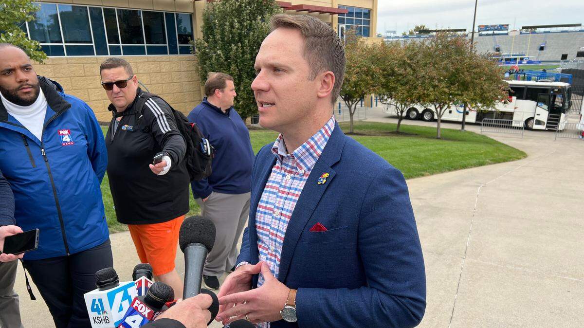 Kansas athletic director Travis Goff speaks with media members about KU’s upcoming football stadium renovations.