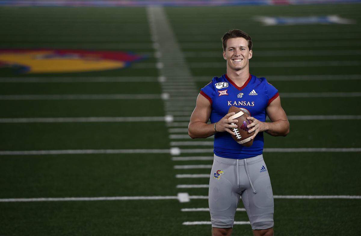 University of Kansas quarterback Carter Stanley in the school’s indoor football practice facility, Friday, Aug. 16, 2019.