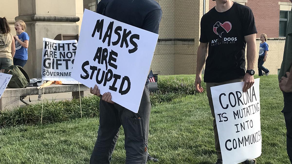 People protesting mask mandates before a Kansas City Council committee meeting earlier this month.