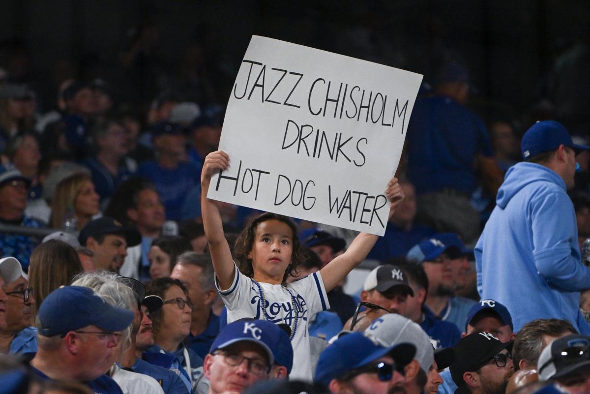 A young Kansas City Royals fan had a message for New York Yankees third baseman Jazz Chisholm Jr. during Game 3 of the American League Division Series on Wednesday, Oct. 9, 2024, at Kauffman Stadium.