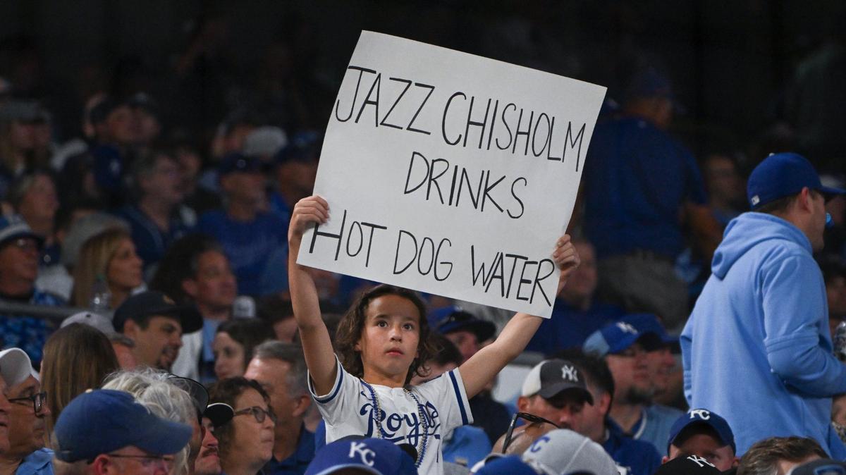 A young Kansas City Royals fan had a message for New York Yankees third baseman Jazz Chisholm Jr. during Game 3 of the American League Division Series on Wednesday, Oct. 9, 2024, at Kauffman Stadium.