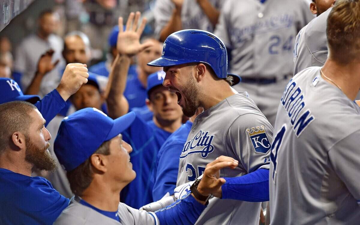 Kansas City Royals first baseman Eric Hosmer was welcomed into the dugout after hitting a two-run homer in the ninth inning during Monday’s ALDS baseball game on October 12, 2015 at Minute Maid Park in Houston, Texas.