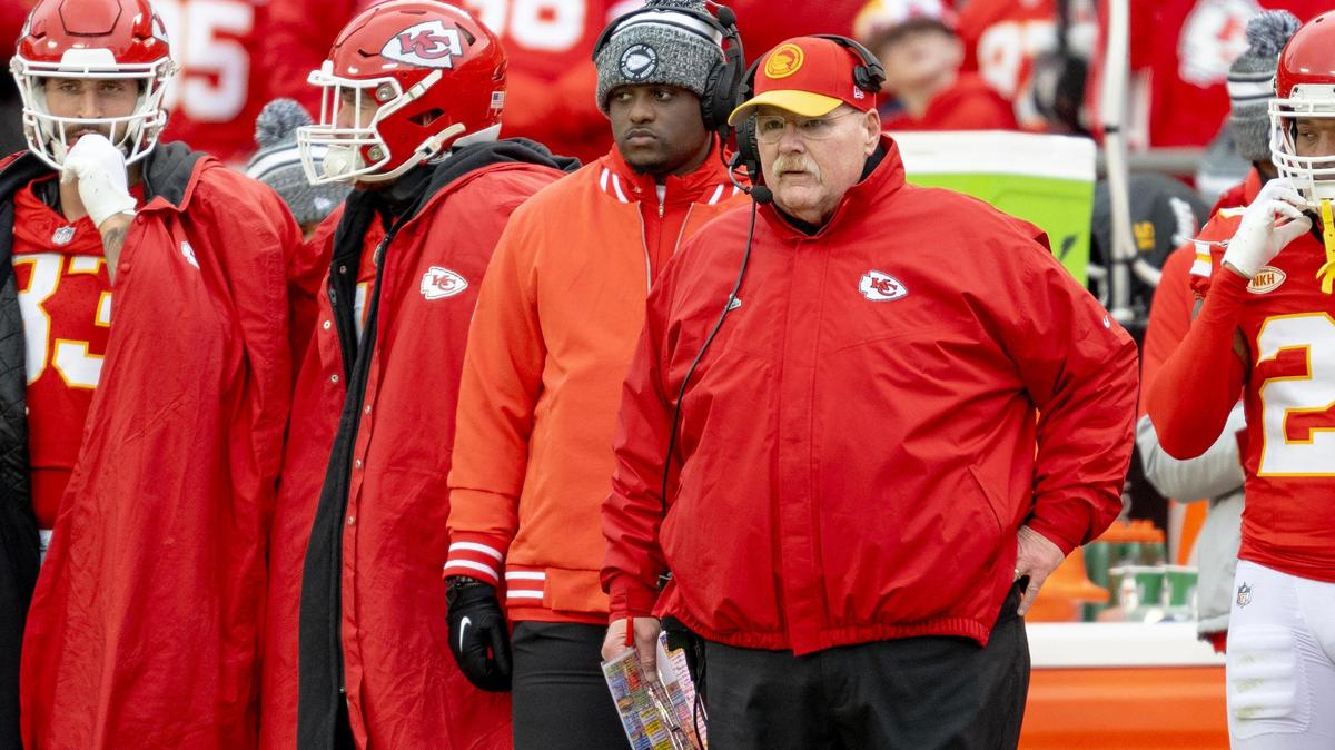Chiefs head coach Andy Reid watches his team play against the Las Vegas Raiders during an NFL football game on Dec. 25, 2023, at Arrowhead Stadium at GEHA Field in Kansas City.