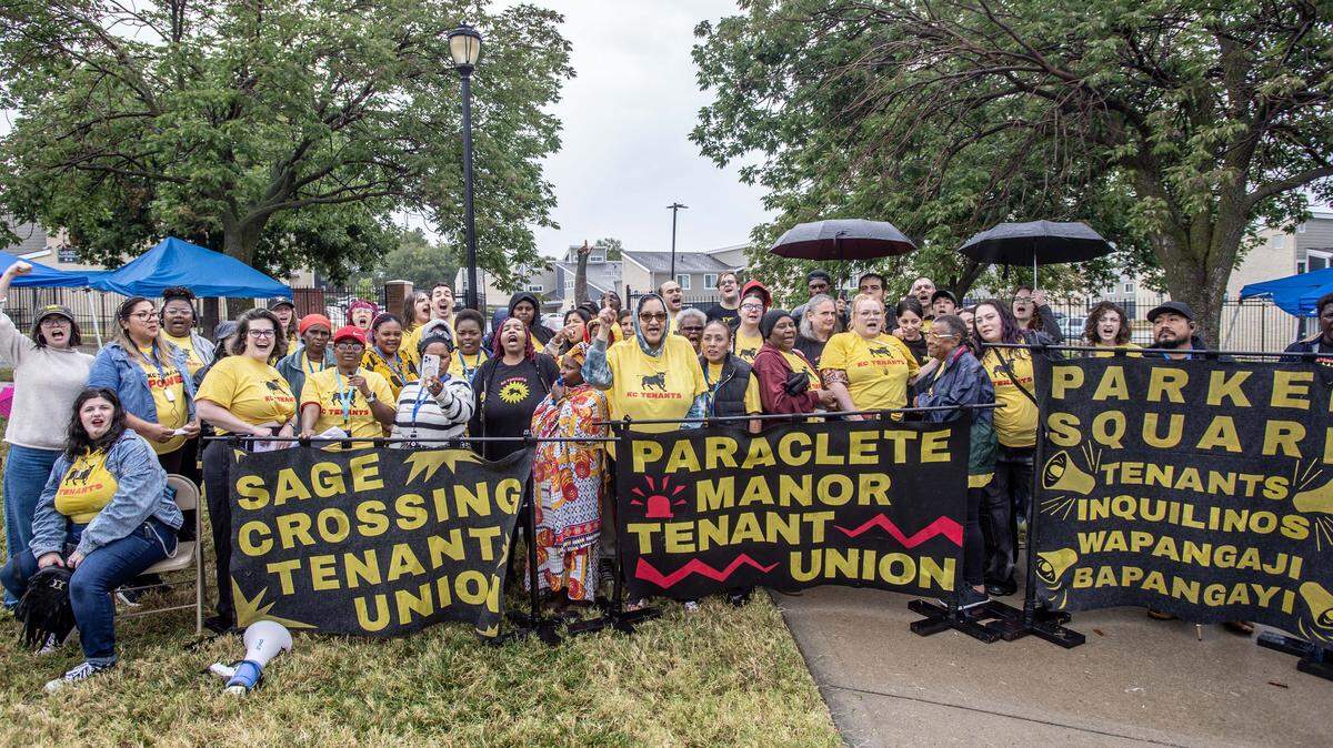 Union members from Sage Crossing, Paraclete Mannor and Parker Square gather outside Parker Square apartments Tuesday morning to protest their New York based owner Capital Realty Group.