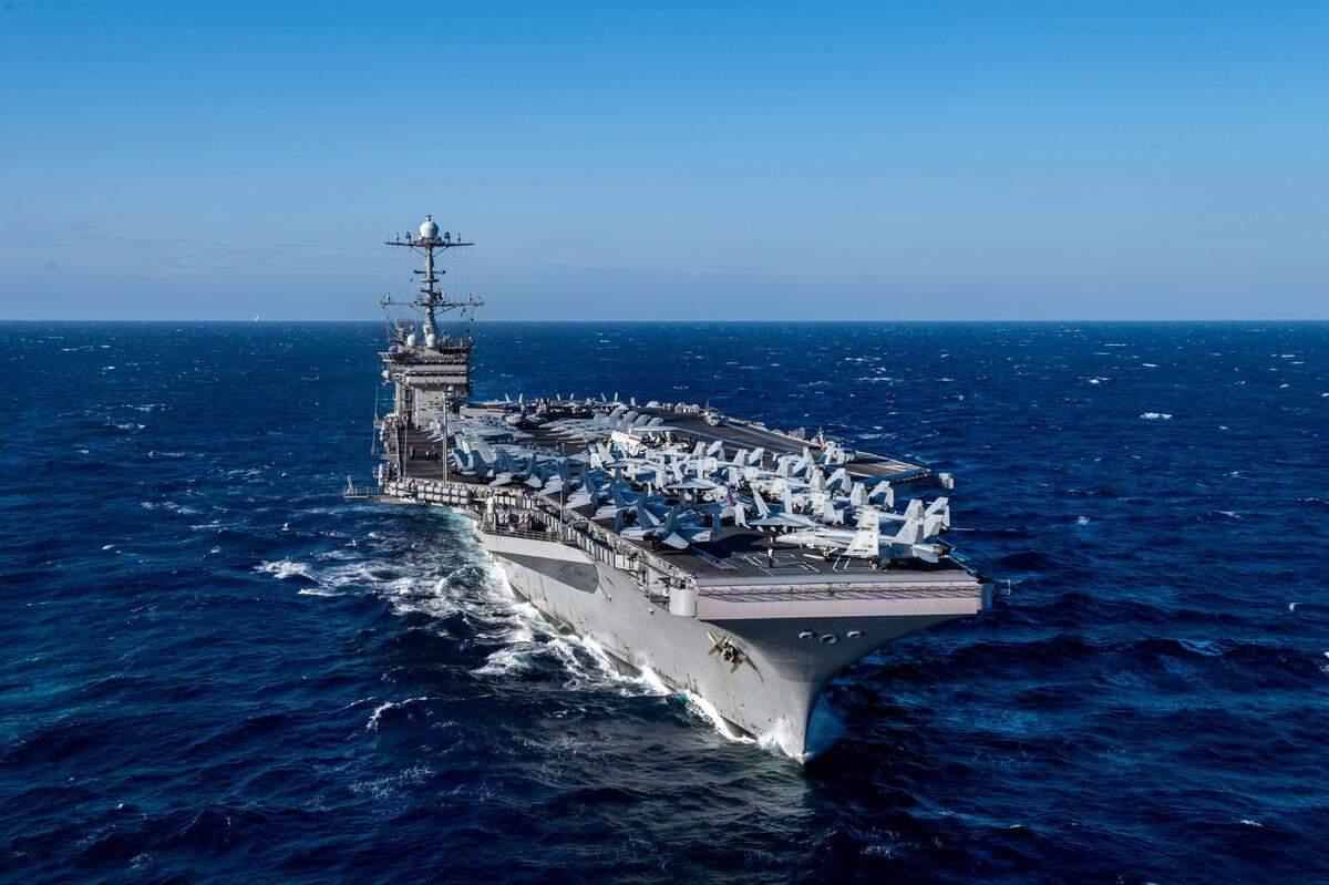 The USS Harry S. Truman (CVN 75) aircraft carrier transits the Atlantic Ocean on April 25, 2024. The flagship of Carrier Strike Group Eight currently is preparing for deployment.