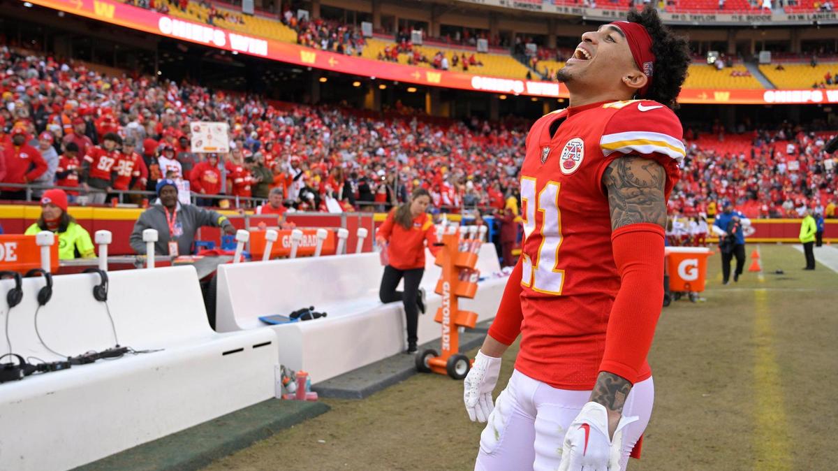 Kansas City Chiefs cornerback Trent McDuffie (21) celebrates after the team defeated the Denver Broncos, 27-24, on Sunday, Jan. 1, 2023, at GEHA Field at Arrowhead Stadium in Kansas City.