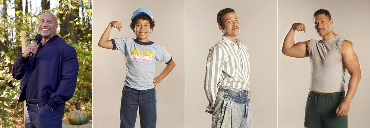 Dwayne Johnson, left, and the actors who portray him in the comedy series “Young Rock”: Adrian Groulx as Dwayne at 10, Bradley Constant as Dwayne at 15 and Uli Latukefu as Dwayne at 20.