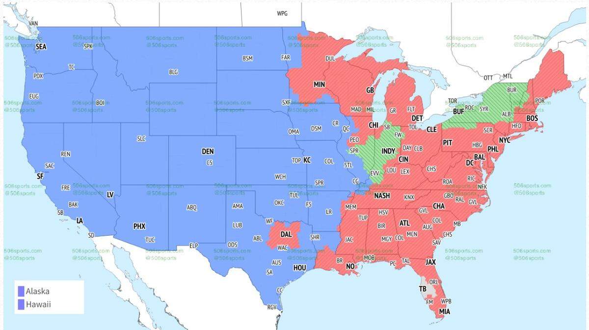 The Chiefs-Broncos game will be see in areas in blue.