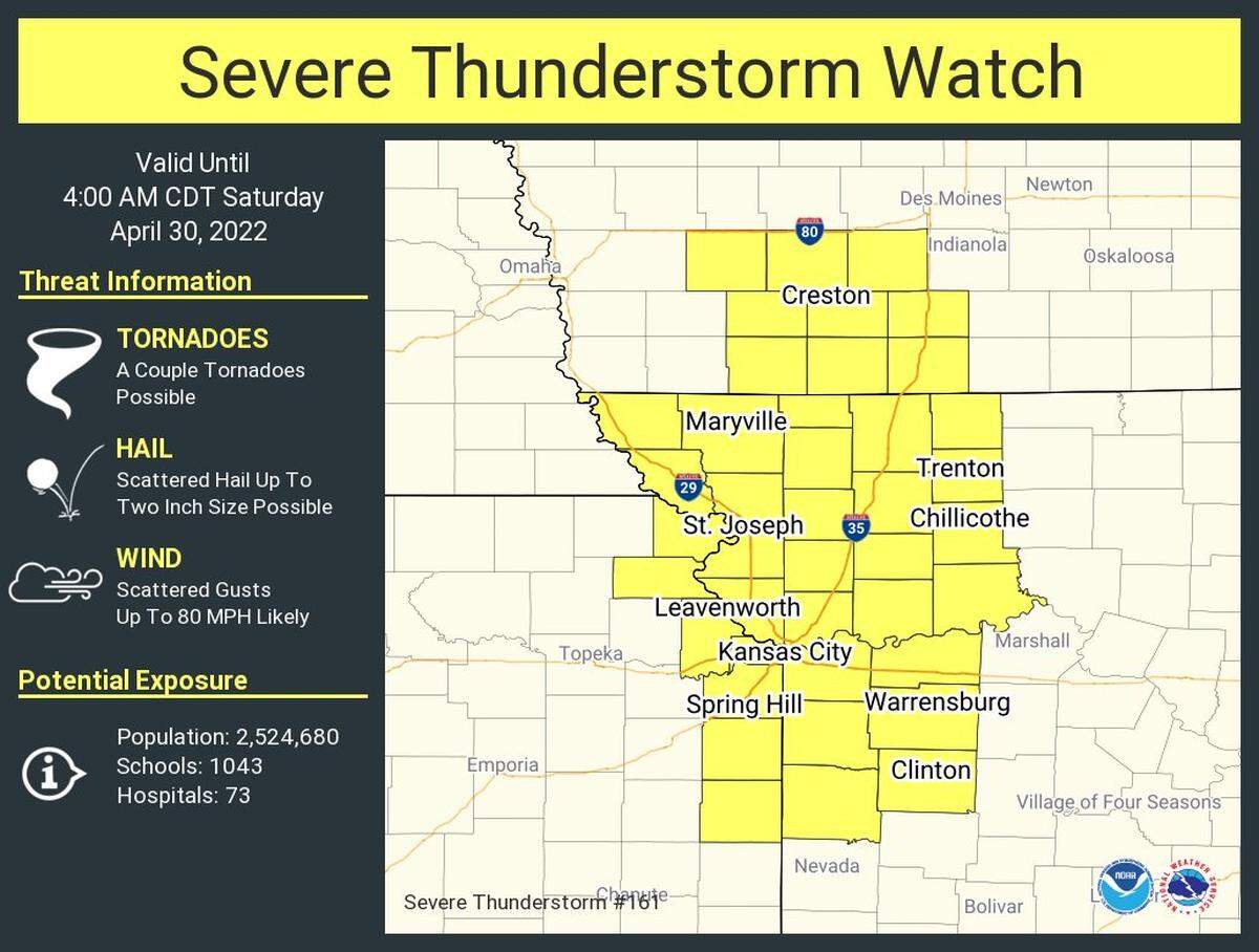A severe thunderstorm watch was issued for the Kansas City metropolitan area on Friday night to remain in place through early Saturday morning, according to the National Weather Service.