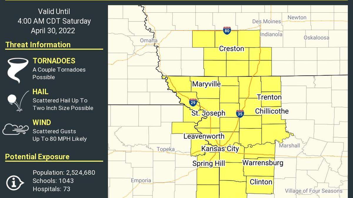 A severe thunderstorm watch was issued for the Kansas City metropolitan area on Friday night to remain in place through early Saturday morning, according to the National Weather Service.