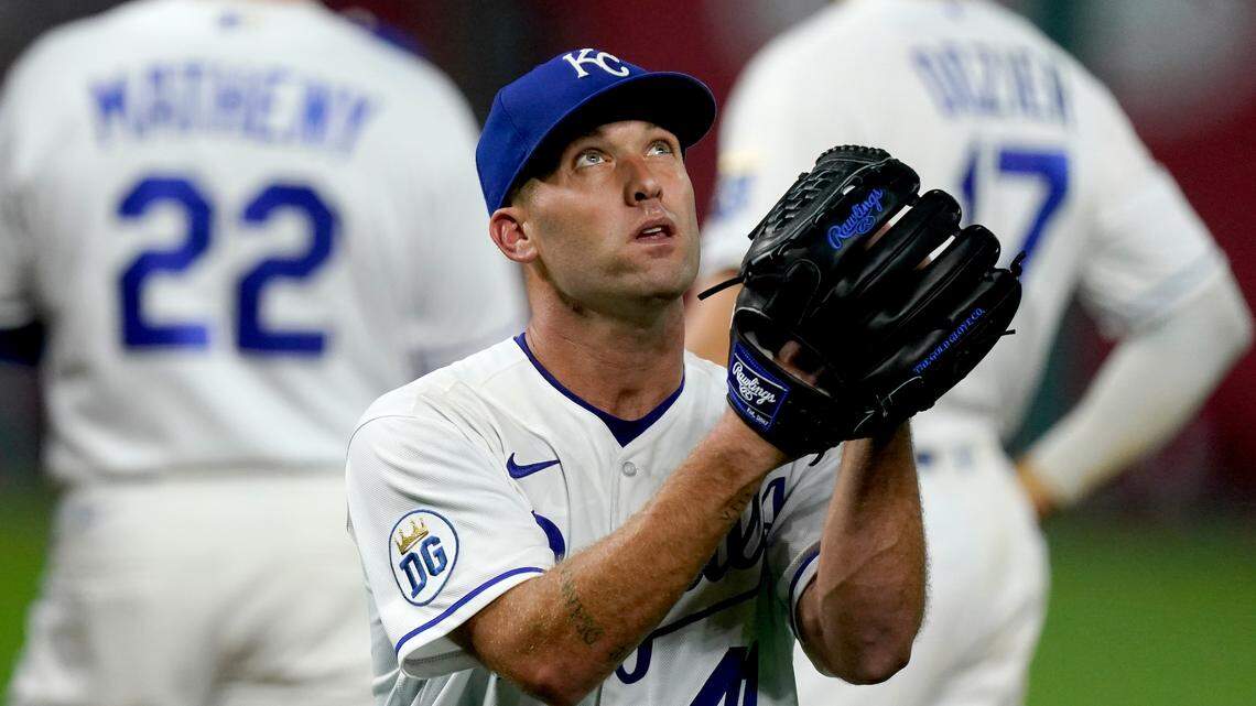 Kansas City Royals starting pitcher Danny Duffy walks to the dugout after after coming out of the game during the sixth inning of a baseball game against the St. Louis Cardinals Wednesday, Sept. 23, 2020, in Kansas City, Mo. (AP Photo/Charlie Riedel)