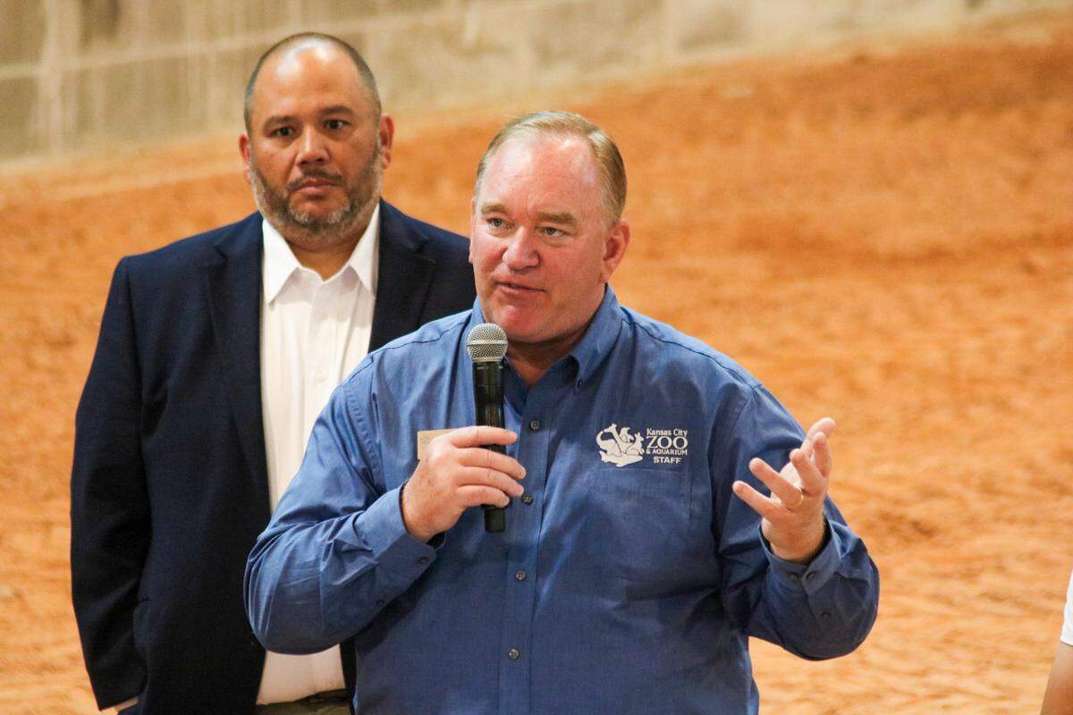 The Kansas City Zoo and Aquarium opened its new Giraffe Crossing exhibit Friday. The zoo’s CEO Sean Putney is seen speaking at a ribbon cutting ceremony.