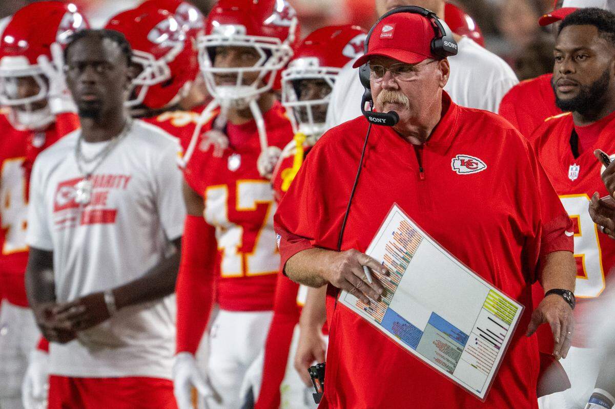 Kansas City Chiefs head coach Andy Reid watches his team from the sideline of the Chiefs preseason game vs. the Chicago Bears at GEHA Field at Arrowhead Stadium on Friday, Aug. 22, 2025, in Kansas City.