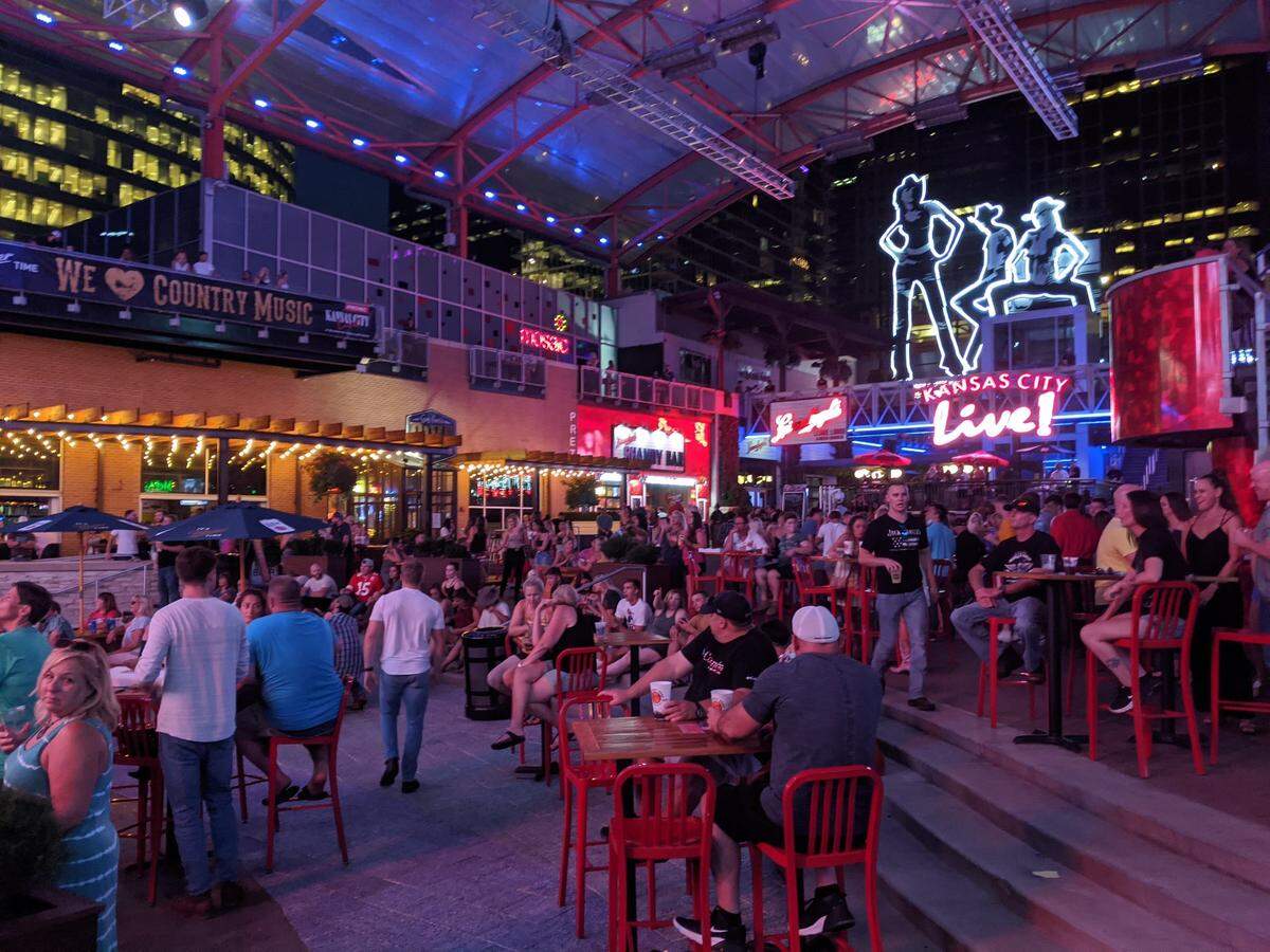 About 100 people appear in this photo posted on social media showing crowds at the Power & Light District on Thursday. 