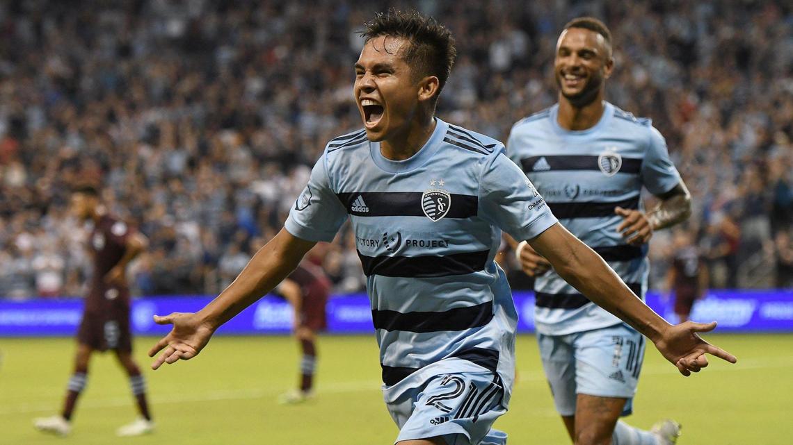 Sporting Kansas City’s Felipe Hernandez celebrates his second half goal in the match against the Colorado Rapids at Children’s Mercy Park Wednesday, June 23, 2021. Sporting KC defeated Colorado 3-1.