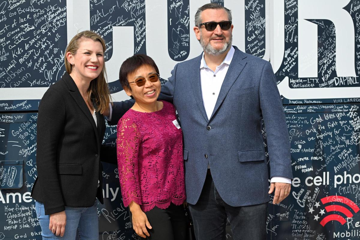 Amanda Adkins, the Republican candidate in Kansas’ 3rd Congressional District, and Sen. Ted Cruz, had a photo taken with supporter Effie Easton of Olathe, after a rally Friday, Oct. 14, 2022, in Ottawa, Kansas. Cruz paid a visit to endorse Adkins in the November election.