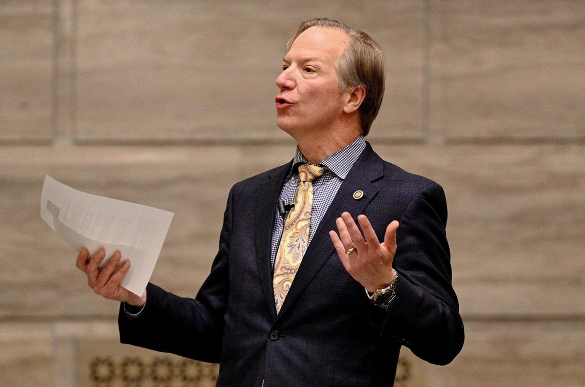 Sen. Bob Onder, R-Lake St. Louis, speaks on a bill on the Senate floor. Onder is a vocal member of the hardline Conservative Caucus and often clashes with Senate leadership.