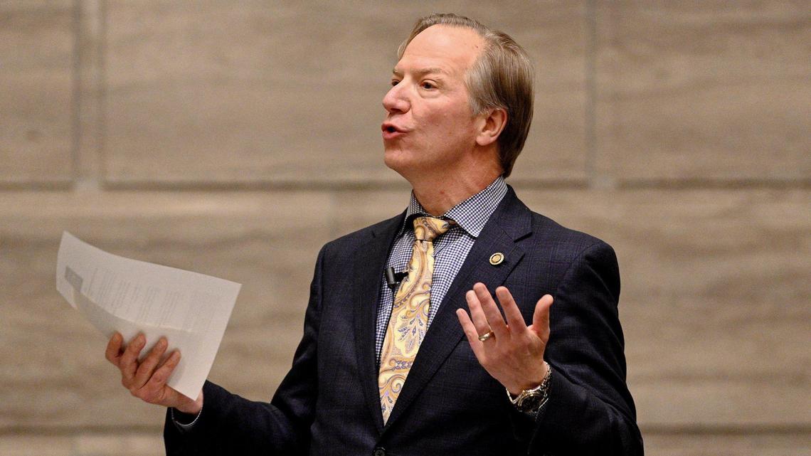 Sen. Bob Onder Missouri speaks on the floor during the afternoon session as Missouri senators convene at the state capitol in Jefferson City Wednesday, Feb. 23, 2023.