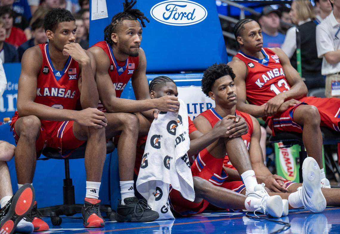 Darryn Peterson and his Kansas Jayhawks teammates listen to speeches on Senior Day at Allen Fieldhouse on Saturday, March 7, 2026, in Lawrence, Kansas.