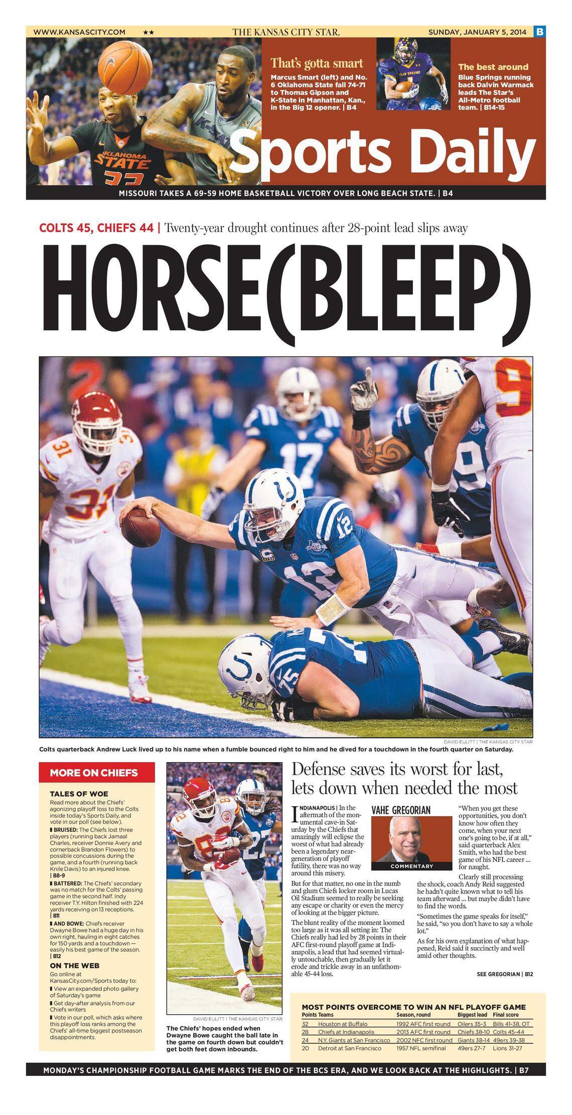 There aren’t many occasions in which you’d publish a headline like this on your sports page ... but then again, there haven’t been many losses like the one the Chiefs suffered at Indy on Jan. 4, 2014.