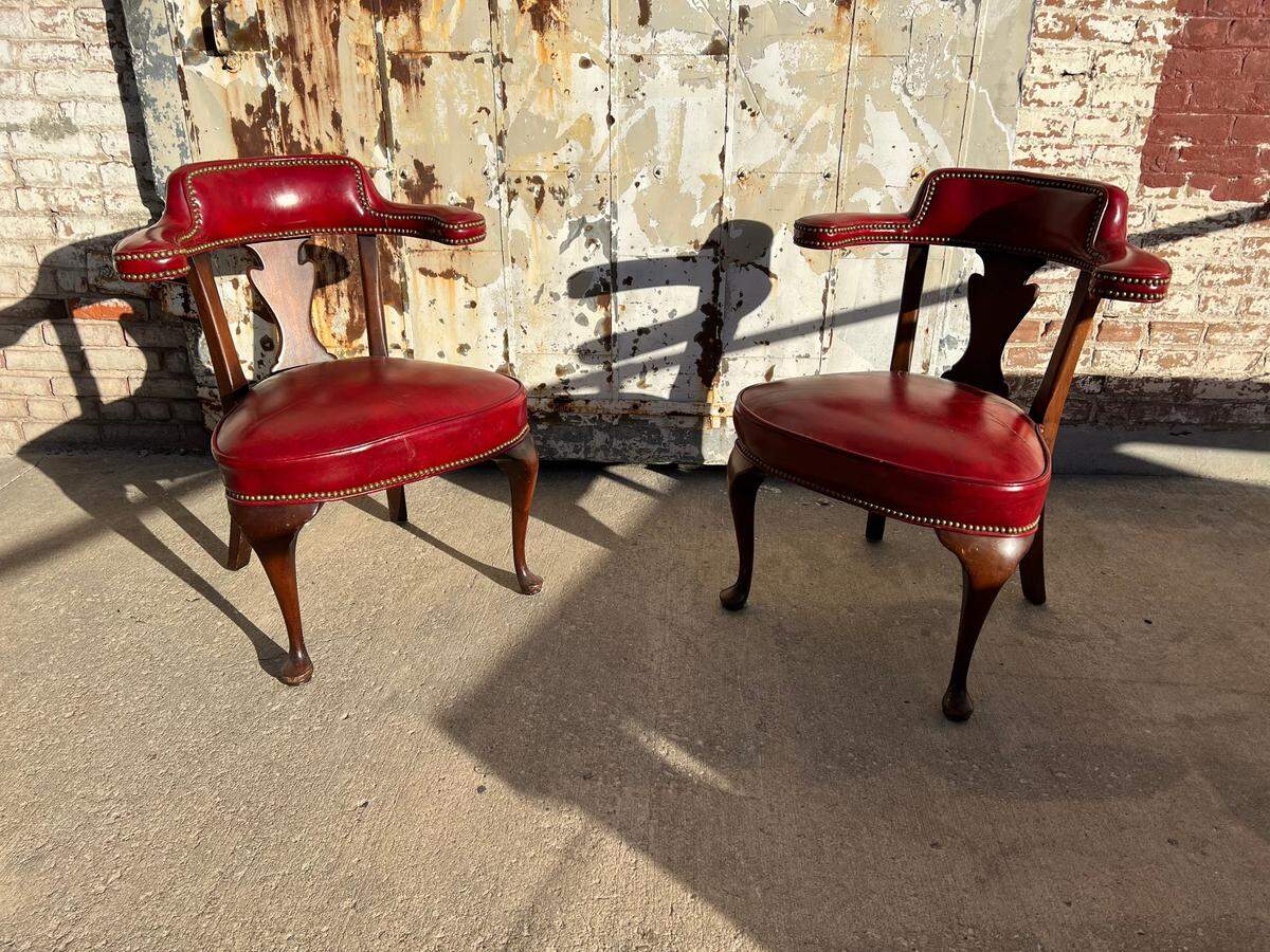 Two of four antique leather chairs that appear in Oscar’s Best Picture “Oppenheimer” and were purchased at Bella Patina in Kansas City.