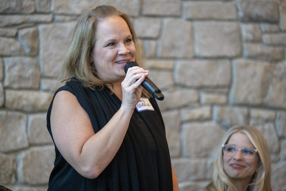 Amy B. Aldrich, a Council Member candidate for Ward 3,speaks during a candidates forum at the Meadowbrook Club House in Prairie Village on Thursday, October 9, 2025.   Shelby Bartelt, right, also a candidate for Ward 3, looks on. 